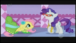 Size: 1280x720 | Tagged: safe, screencap, fluttershy, rarity, pegasus, pony, unicorn, g4, suited for success, animated, clothes, dress, duo, duo female, female, gala dress, hub logo, mare, no sound, subtitles, text, webm, youtube link