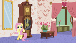Size: 1280x720 | Tagged: safe, screencap, fluttershy, pony, discordant harmony, g4, bipedal, bipedal leaning, clock, female, leaning, mare, mirror, plant, solo