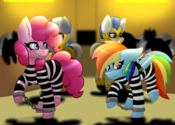 Size: 1396x1000 | Tagged: safe, artist:king-justin, pinkie pie, rainbow dash, g4, bound wings, clothes, courtroom, cuffs, grin, nervous, nervous smile, never doubt rainbowdash69's involvement, prison outfit, prison stripes, prisoner, prisoner pp, prisoner rd, restraints, royal guard, sad, shackles, smiling