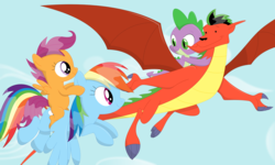 Size: 3524x2121 | Tagged: safe, artist:porygon2z, rainbow dash, scootaloo, spike, dragon, pegasus, pony, g4, american dragon jake long, blank flank, crossover, dragons riding dragons, female, filly, flying, foal, high res, jake long, looking at each other, looking at someone, male, mare, ponies riding ponies, rider, riding, scootaloo riding rainbow dash, scootalove, spread wings, wings