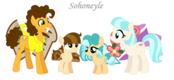 Size: 1142x530 | Tagged: safe, artist:sohoneyle, cheese sandwich, coco pommel, oc, oc:craker mel, oc:ocean flower, earth pony, pony, g4, base used, cheesecoco, colt, female, filly, male, offspring, parent:cheese sandwich, parent:coco pommel, parents:cheesecoco, shipping, simple background, straight, transparent background
