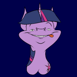 Size: 1000x1000 | Tagged: safe, artist:anontheanon, twilight sparkle, pony, unicorn, g4, :i, animated, blue background, bueno, butt, creepy, cutie mark, derp, eye twitch, female, grin, licking, licking lips, looking at you, majestic as fuck, mare, not salmon, plot, simple background, smiling, solo, tongue out, wat