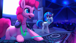 Size: 1200x684 | Tagged: safe, artist:rodrigues404, dj pon-3, pinkie pie, vinyl scratch, earth pony, pony, unicorn, g4, audience, concert, female, headphones, mare, open mouth, smiling, speaker, sunglasses, surprised, turntable