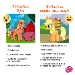 Size: 960x960 | Tagged: safe, applejack, applejack (g1), g1, g4, official, apple, brazil, bucket, comparison, emoji, facebook, facebook reactions, food, meme, my little pony logo, portuguese, translated in the description