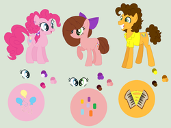 Size: 1203x899 | Tagged: safe, artist:princessunicorn123, cheese sandwich, pinkie pie, oc, oc:strawberry cake, earth pony, pony, g4, alternate hairstyle, base used, bow, female, filly, green background, hair bow, heterochromia, male, offspring, parent:cheese sandwich, parent:pinkie pie, parents:cheesepie, raised hoof, reference sheet, ship:cheesepie, shipping, simple background, straight
