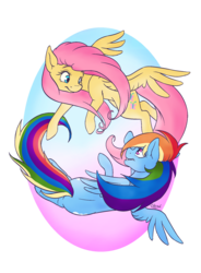 Size: 1400x1900 | Tagged: safe, artist:eternalsubscriber, fluttershy, rainbow dash, pegasus, pony, g4, cute, duo, eye contact, female, flying, looking at each other, mare, multicolored hair, simple background, smiling, spread wings, transparent background, wings, yin and yang