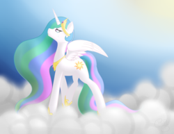 Size: 1600x1236 | Tagged: safe, artist:firepetalfox, princess celestia, alicorn, pony, g4, cloud, female, looking up, solo, sun, teary eyes