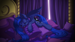 Size: 3840x2160 | Tagged: safe, artist:ohemo, princess luna, alicorn, pony, g4, 4k, bed, curtains, cute, eyes closed, female, high res, lunabetes, mare, open mouth, open smile, pillow, sleeping, smiling, solo, wallpaper, weapons-grade cute