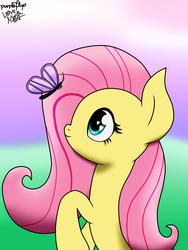 Size: 1536x2048 | Tagged: safe, artist:php142, fluttershy, butterfly, pony, g4, blurry background, cute, female, heart eyes, looking up, outdoors, sitting, solo, wingding eyes