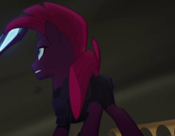 Size: 912x707 | Tagged: safe, screencap, tempest shadow, g4, my little pony: the movie, broken horn, butt, cropped, horn, loyalty, plot, staff, staff of sacanas, windswept mane