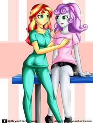 Size: 1536x2048 | Tagged: safe, artist:attentte, sunset shimmer, sweetie belle, equestria girls, g4, clothes, commission, converse, duo, duo female, female, listening, looking at each other, nurse, nurse outfit, nurse shimmer, older, older sweetie belle, open mouth, pants, scrubs (gear), shirt, shoes, shorts, sitting, standing, stethoscope