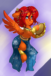 Size: 2400x3600 | Tagged: safe, artist:mimkage, oc, oc only, oc:goldenfox, pegasus, pony, clothes, crossdressing, high res, male, musical instrument, romani, smiling, solo, tambourine