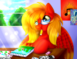 Size: 5870x4533 | Tagged: safe, artist:bl--blacklight, oc, oc only, oc:sunrise tune, pegasus, pony, absurd resolution, cute, drawing, female, glasses, mare, mouth hold, ocbetes, pencil, poster, requested art, solo, sunlight, window