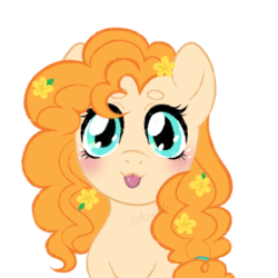 Size: 576x576 | Tagged: safe, artist:arxielle, pear butter, earth pony, pony, g4, :p, big eyes, blushing, cute, female, flower, flower in hair, looking at you, mare, pearabetes, silly, simple background, solo, staring into your soul, tongue out, transparent background