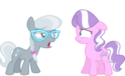 Size: 10442x6400 | Tagged: safe, artist:parclytaxel, edit, editor:slayerbvc, vector edit, diamond tiara, silver spoon, earth pony, pony, g4, absurd resolution, accessory-less edit, female, filly, glasses, missing accessory, nervous, simple background, transparent background, vector, yelling