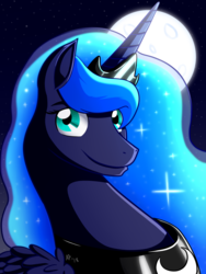 Size: 1024x1365 | Tagged: safe, artist:heart-of-a-dragoness, princess luna, alicorn, pony, g4, female, folded wings, jewelry, mare, moon, night, regalia, smiling, solo