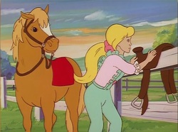 Size: 1163x865 | Tagged: safe, screencap, megan williams, tj, horse, human, g1, my little pony 'n friends, the end of flutter valley, blaze (coat marking), bridle, coat markings, duo, facial markings, female, fence, long hair, low ponytail, megan's horse, mythology gag, ponytail, saddle, saddle blanket, tack