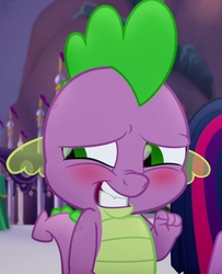 Size: 652x802 | Tagged: safe, screencap, spike, g4, my little pony: the movie, blushing, nervous, reaction image, solo focus