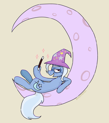 Size: 1335x1500 | Tagged: safe, artist:bunnypatrol, trixie, pony, unicorn, g4, clothes, crescent moon, female, hat, looking at you, magic wand, mare, moon, simple background, tangible heavenly object, trixie's hat