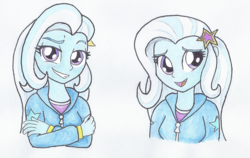 Size: 1006x635 | Tagged: safe, artist:astevenamedwolf, trixie, equestria girls, g4, clothes, cute, diatrixes, female, looking at you, simple background, solo, sweater, traditional art, white background