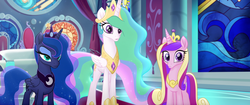 Size: 1920x804 | Tagged: safe, screencap, princess cadance, princess celestia, princess luna, alicorn, pony, g4, my little pony: the movie, banner, canterlot castle, canterlot throne room, confused, crown, curtains, female, folded wings, jewelry, luna is not amused, mare, reaction image, regalia, shocked, stained glass, throne, throne room, trio, unamused