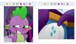 Size: 728x423 | Tagged: safe, edit, edited screencap, screencap, rarity, spike, derpibooru, g4, my little pony: the movie, blushing, butt, butt only, comic, cropped, female, forced juxtaposition, juxtaposition, juxtaposition win, male, meme, meta, nervous, pictures of butts, plot, reaction image, rearity, screencap comic, ship:sparity, shipping, straight