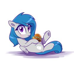 Size: 1400x1300 | Tagged: safe, artist:darkynez, oc, oc only, oc:spooky glare, pony, burger, food, hamburger, photo, simple background, solo, white background