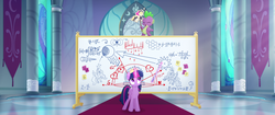 Size: 1920x804 | Tagged: safe, screencap, princess celestia, princess luna, songbird serenade, spike, twilight sparkle, alicorn, dragon, pony, g4, my little pony: the movie, confused, dancing, magic, magic aura, pointer, smiling, throne room, twilight sparkle (alicorn), whiteboard