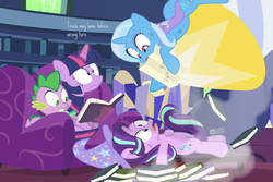Size: 1120x750 | Tagged: safe, artist:dm29, spike, starlight glimmer, trixie, twilight sparkle, alicorn, dragon, pony, unicorn, g4, albuquerque, black eye, bruised, derp, guardians of harmony, rocket, toy, toy interpretation, trixie's rocket, twilight sparkle (alicorn), twilight's castle, wrong turn