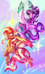 Size: 1200x1950 | Tagged: safe, artist:candychameleon, starlight glimmer, sunset shimmer, alicorn, pony, g4, alicornified, altered cutie mark, chest fluff, cloven hooves, colored wings, colored wingtips, curved horn, duo, horn, race swap, shimmercorn, smiling, starlicorn, stars, unshorn fetlocks, xk-class end-of-the-world scenario
