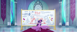 Size: 1920x804 | Tagged: safe, screencap, songbird serenade, spike, twilight sparkle, alicorn, dragon, pony, g4, my little pony: the movie, adorkable, canterlot castle, cute, door, dork, embarrassed, fancy mathematics, grin, math, nervous, nervous smile, pointer, smiling, spread wings, stained glass, sunlight, twilight sparkle (alicorn), whiteboard, wings, wings down