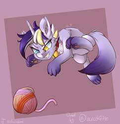 Size: 3200x3300 | Tagged: safe, artist:passigcamel, oc, oc only, cat pony, original species, pony, unicorn, commission, female, heterochromia, high res, mare, pounce, smiling, solo, yarn, yarn ball