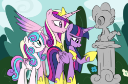 Size: 1214x800 | Tagged: safe, artist:emositecc, princess cadance, princess flurry heart, spike, twilight sparkle, alicorn, pony, g4, crown, feels, female, gravestone, hoof shoes, implied death, jewelry, mare, mother and daughter, older, older flurry heart, regalia, rest in peace, sky, smiling, statue, twilight sparkle (alicorn)