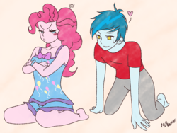 Size: 1634x1229 | Tagged: safe, artist:mlprocker123, pinkie pie, thunderbass, equestria girls, g4, angry, background human, blushing, clothes, couple, crossed arms, cute, female, heart, male, pajamas, pinkiebass, shipping, straight, tsundere, tsundere pie