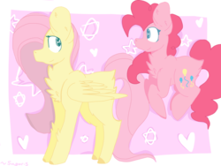 Size: 2048x1536 | Tagged: safe, artist:generalfreyma, fluttershy, pinkie pie, earth pony, pegasus, pony, g4, chest fluff, duo, female, jumping, mare, pronking