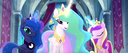 Size: 1920x804 | Tagged: safe, screencap, princess cadance, princess celestia, princess luna, alicorn, pony, g4, my little pony: the movie, canterlot castle, crown, curtains, cute, ethereal mane, eyes closed, female, folded wings, glowing horn, horn, jewelry, magic, magic aura, mare, open mouth, regalia, smiling, sparkles, sparkly mane