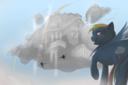 Size: 6000x4000 | Tagged: safe, artist:madgehog, rainbow dash, pegasus, pony, g4, cloud, cloudsdale, colored, looking at you, rainbow, sky, speedpaint