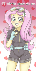 Size: 1893x3741 | Tagged: safe, artist:sumin6301, fluttershy, equestria girls, g4, blushing, clothes, costume, cute, dangerous mission outfit, dialogue, female, fingerless gloves, gloves, goggles, gradient background, grin, hand on hip, heart, hnnng, hoodie, looking at you, pink background, shyabetes, simple background, smiling, solo, white background