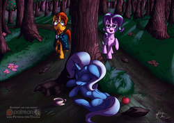 Size: 1280x905 | Tagged: safe, artist:calena, starlight glimmer, sunburst, trixie, pony, unicorn, g4, uncommon bond, apple, apple tree, cape, clothes, cup, female, food, forest, glasses, looking up, male, path, patreon, patreon logo, ship:starburst, shipping, signature, sleeping, straight, sweet apple acres, teacup, that pony sure does love teacups, tree, trotting