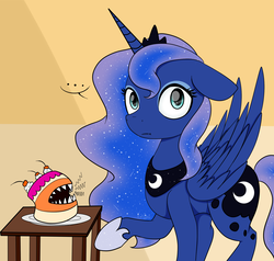 Size: 2000x1900 | Tagged: safe, artist:keisaa, princess luna, alicorn, pony, g4, ..., cake, concerned, cute, female, floppy ears, food, food monster, looking at you, lunabetes, mare, monster, table