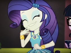 Size: 4032x3024 | Tagged: safe, screencap, rarity, sci-twi, twilight sparkle, equestria girls, g4, my little pony equestria girls: better together, text support, text support: rarity, belt, bracelet, cellphone, clothes, cute, cutie mark on clothes, eyes closed, eyeshadow, frilly design, geode of shielding, giggling, glasses, hairpin, jewelry, magical geodes, makeup, offscreen character, offscreen human, pendant, phone, raribetes, rarity peplum dress, sleeveless, smartphone, smiling, tank top, teeth