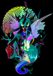 Size: 1024x1474 | Tagged: safe, artist:ii-art, queen chrysalis, changeling, g4, fangs, salivating, slime, sparks, watermark