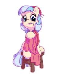 Size: 1100x1400 | Tagged: safe, artist:bobdude0, coco pommel, earth pony, pony, g4, cocobetes, cute, fabric, female, mare, mouth hold, needle, sewing, simple background, sitting, smiling, solo, stool, transparent background