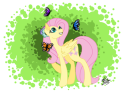 Size: 2048x1536 | Tagged: safe, artist:bubowl, fluttershy, butterfly, pegasus, pony, g4, abstract background, female, folded wings, looking at something, looking up, raised hoof, smiling, solo, standing, turned head, wings