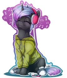 Size: 2763x3232 | Tagged: safe, artist:gaelledragons, oc, oc only, oc:soundboard, pony, unicorn, clothes, commission, converse, eyes closed, female, headphones, high res, hoodie, ipod, mare, mp3 player, music notes, shoes, simple background, smiling, solo, speedpaint available, transparent background, unshorn fetlocks, ych result