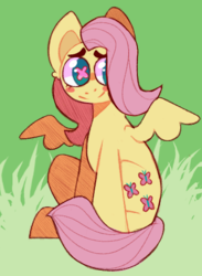 Size: 353x481 | Tagged: safe, artist:stella-octangula, fluttershy, pegasus, pony, g4, blush sticker, blushing, eyebrows, female, looking away, looking sideways, sitting, smiling, solo, spread wings, wingding eyes, wings