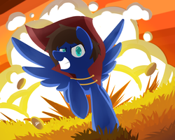 Size: 1280x1024 | Tagged: safe, artist:sugar morning, oc, oc only, oc:bizarre song, pegasus, pony, badass, cape, clothes, commission, cool, epic, explosion, grass, male, running, solo, stallion