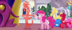 Size: 1920x804 | Tagged: safe, screencap, discord, pinkie pie, earth pony, pony, g4, my little pony: the movie, balloon, balloon animal, female, happy, mare, smiling, solo