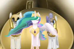 Size: 2500x1660 | Tagged: safe, alternate version, artist:alltheworldbronyf, princess celestia, alicorn, pony, g4, crown, eyes closed, gem, horn, jewelry, lightning, regalia, royal guard, shadow, spread wings, wings