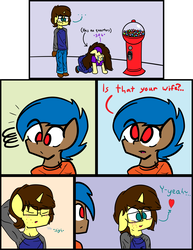 Size: 2800x3629 | Tagged: safe, artist:binary6, oc, oc only, oc:happy wigglesworth, oc:kimoshy, unicorn, anthro, candy, comic, cute, female, food, freckles, girlfriend, glasses, gumball, gumball machine, high res, husband and wife, love, male